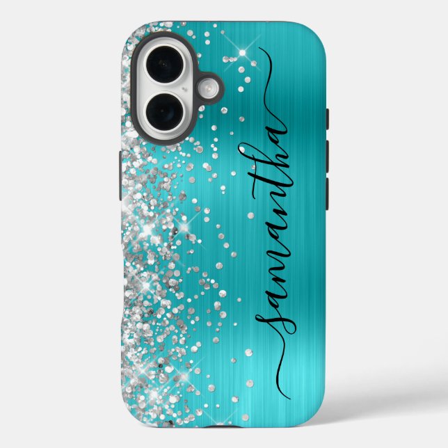 Silver Glitter Aqua Blue Metallic Girly Signature Case-Mate iPhone Case (Back)