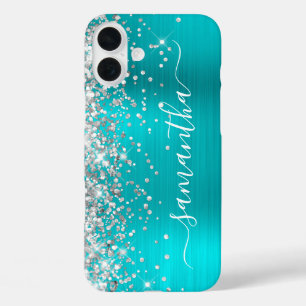 Silver Glitter Aqua Blue Metallic Girly Signature iPhone 16 Plus Case
