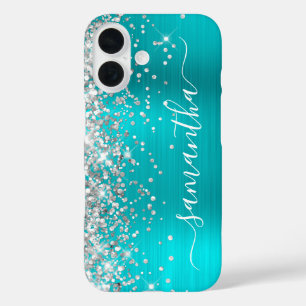 Silver Glitter Aqua Blue Metallic Girly Signature iPhone 16 Case