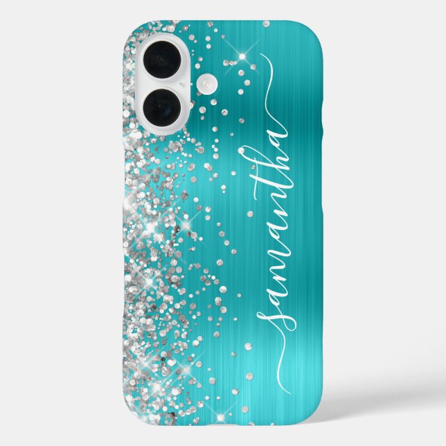 Silver Glitter Aqua Blue Metallic Girly Signature Case-Mate iPhone Case (Back)