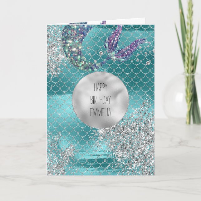 Silver Glitter Aqua Mermaid Card (Front)
