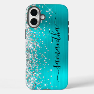 Silver Glitter Aqua Metallic Girly Black Signature iPhone 16 Plus Case