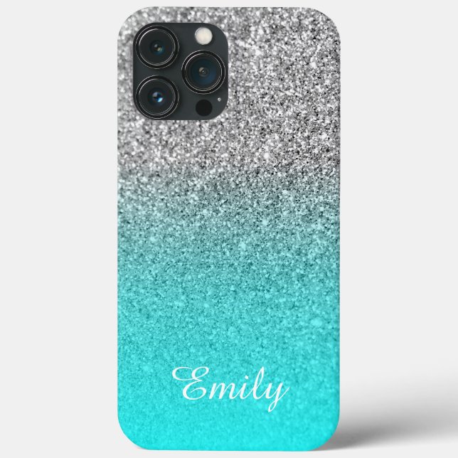 Silver Glitter Aqua Ombre Personalized Case-Mate iPhone Case (Back)