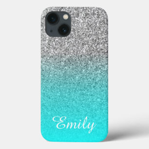 Silver Glitter Aqua Ombre Personalized iPhone 13 Case