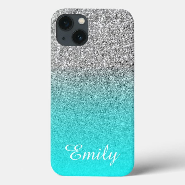 Silver Glitter Aqua Ombre Personalized Case-Mate iPhone Case (Back)