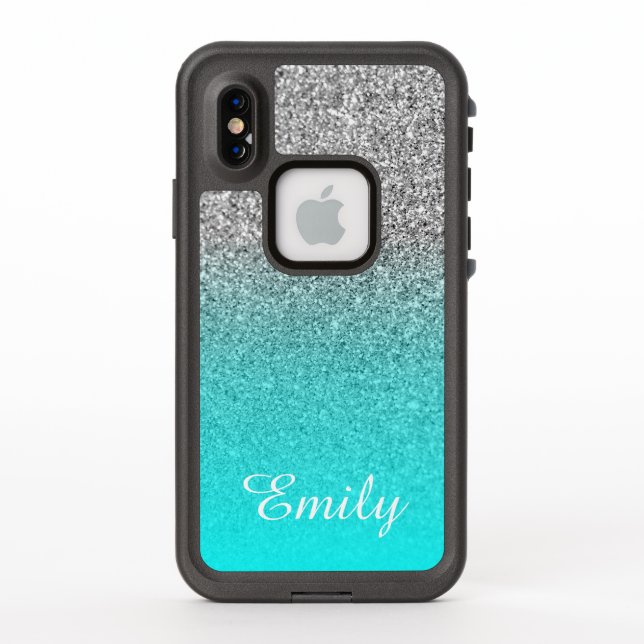 Silver Glitter Aqua Ombre Personalized LifeProof iPhone Case (Back)