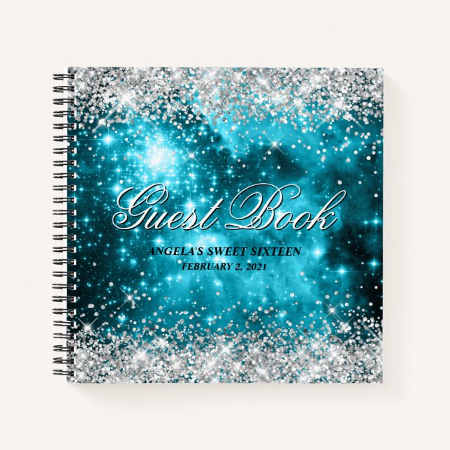 Silver Glitter Aqua Teal Celestial Birthday Guest Notebook (Front)