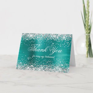 Silver Glitter Aqua Teal Foil Bridesmaid Thank You Card