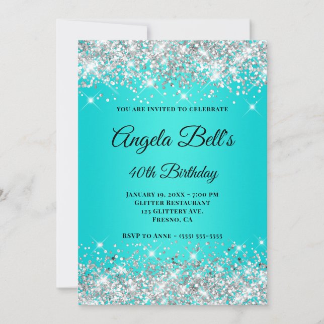 Silver Glitter Aqua Turquoise Ombre Fancy Monogram Invitation (Front)