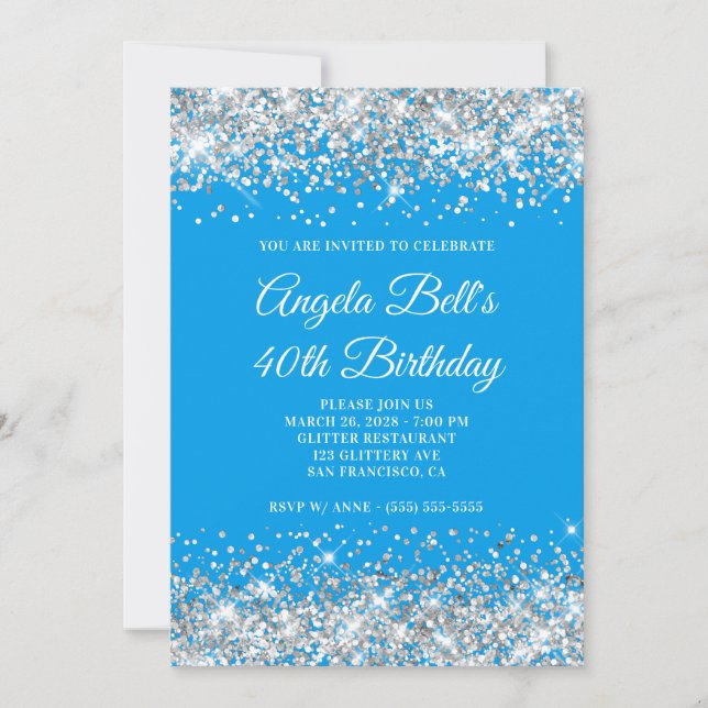 Silver Glitter Azure 40th Birthday Invitation (Front)