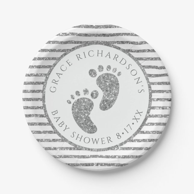 Silver Glitter Baby Feet Baby Shower Personalized  Paper Plate (Front)
