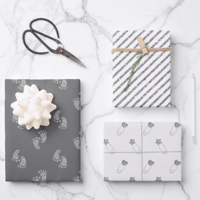 Silver Glitter Baby Feet Baby Shower  Wrapping Paper Sheet (Front)