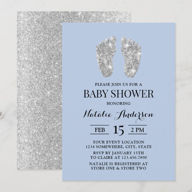 Silver Glitter Baby Feet Light Blue Baby Shower Invitation (Front/Back)