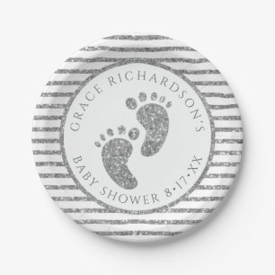 Silver Glitter Baby Shower Footprint Party Paper Plate