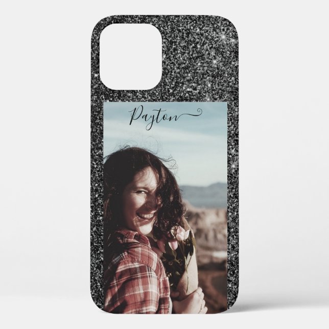Silver Glitter Background Custom Name Photo Black Case-Mate iPhone Case (Back)