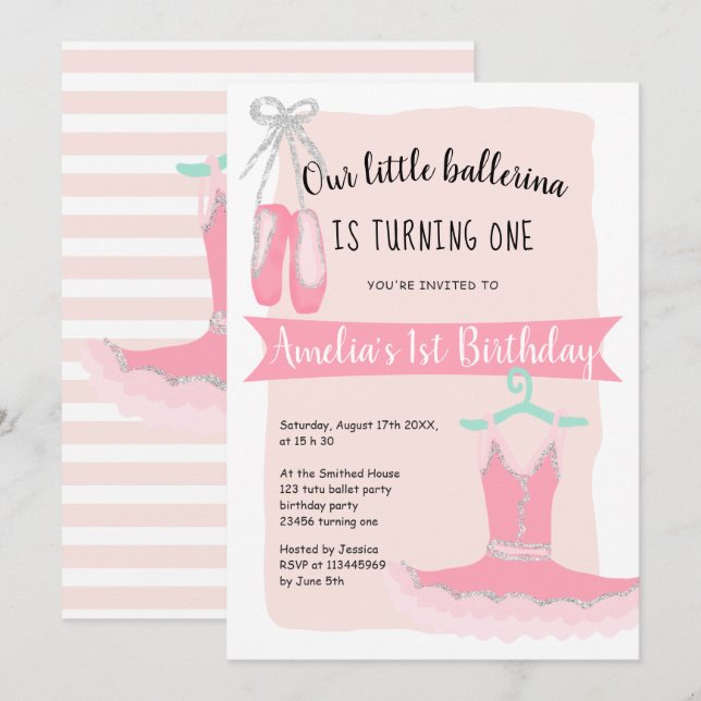 Silver glitter ballerina tutu 1st birthday party invitation (Front/Back)