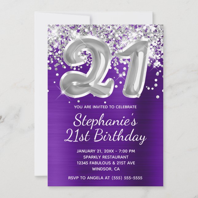 Silver Glitter Balloon Indigo Purple 21st Birthday Invitation (Front)