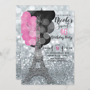 Silver Glitter & Balloons Paris Eiffel Tower Party Invitation