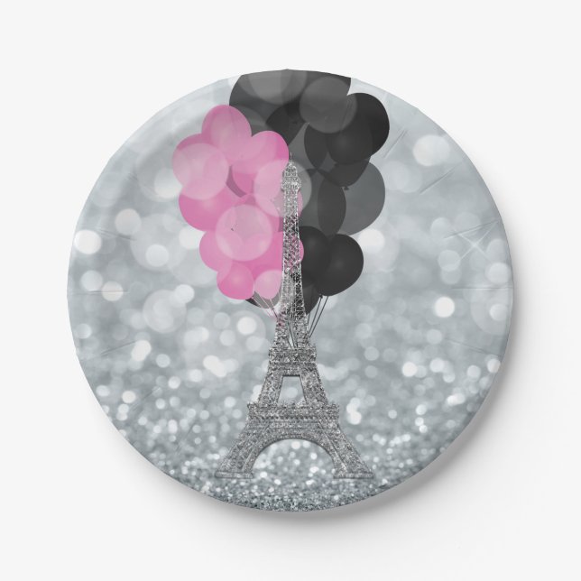 Silver Glitter & Balloons Paris Eiffel Tower Party Paper Plate (Front)