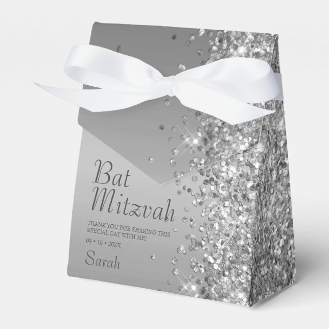 Silver Glitter Bat Mitzvah Favor Box (Front Side)