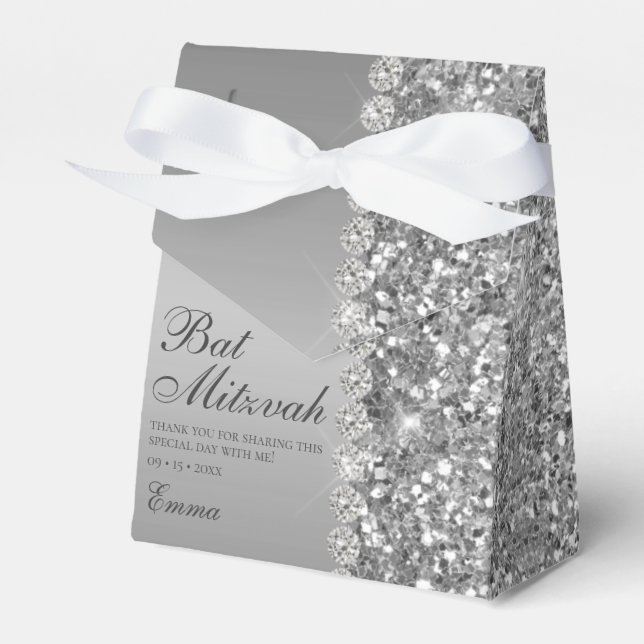 Silver Glitter Bat Mitzvah Favor Box (Front Side)