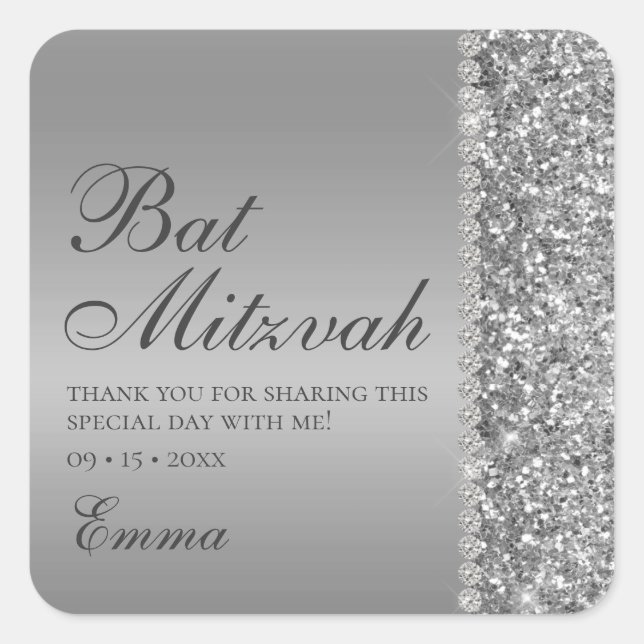 Silver Glitter Bat Mitzvah Square Sticker (Front)
