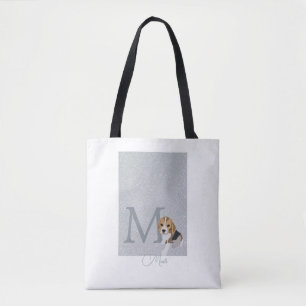 Silver Glitter Beagle Dog Lover Custom Monogram Tote Bag