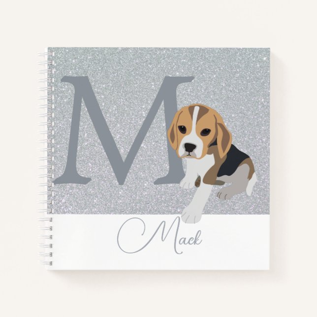 Silver Glitter Beagle Dog Lovers Custom Monogram Notebook (Front)