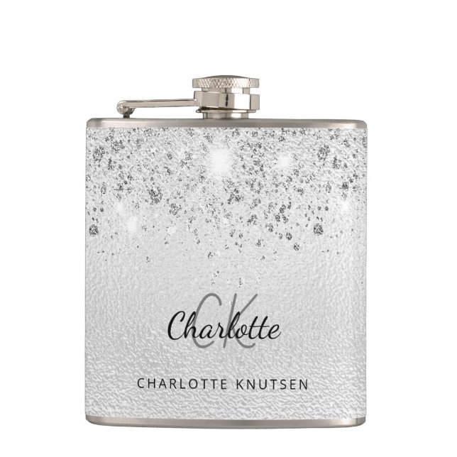 Silver glitter best friends monogram hip flask (Front)