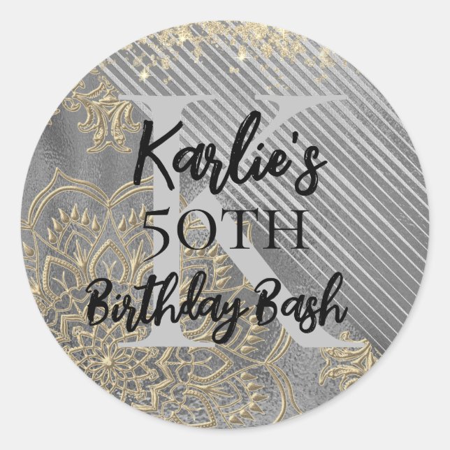 Silver Glitter Birthday Mandala Monogram    Classic Round Sticker (Front)