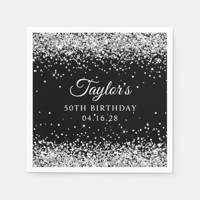 Silver Glitter Black 50th Birthday Napkin (Front)