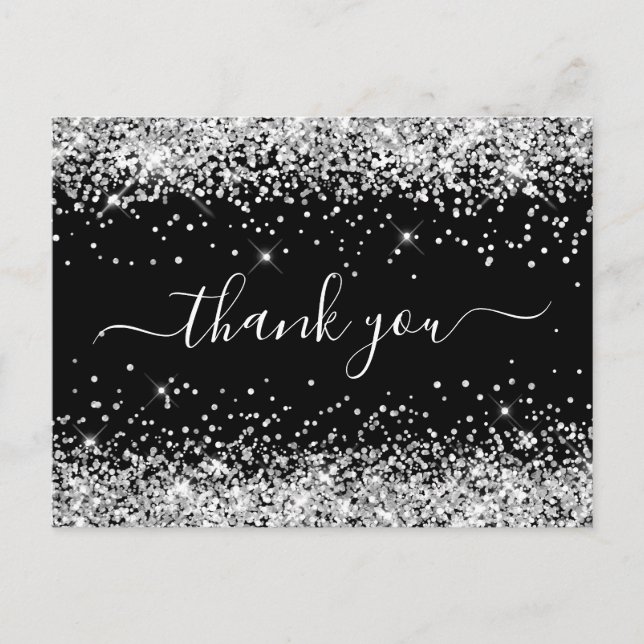 Silver Glitter Black Baby Shower Thank You Postcard (Front)