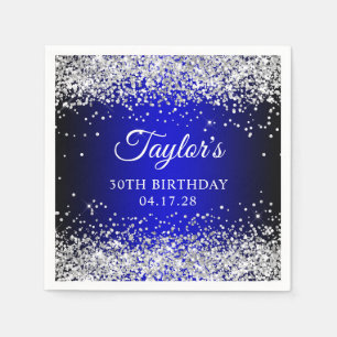 Silver Glitter Black Blue Ombre 30th Birthday Napkin
