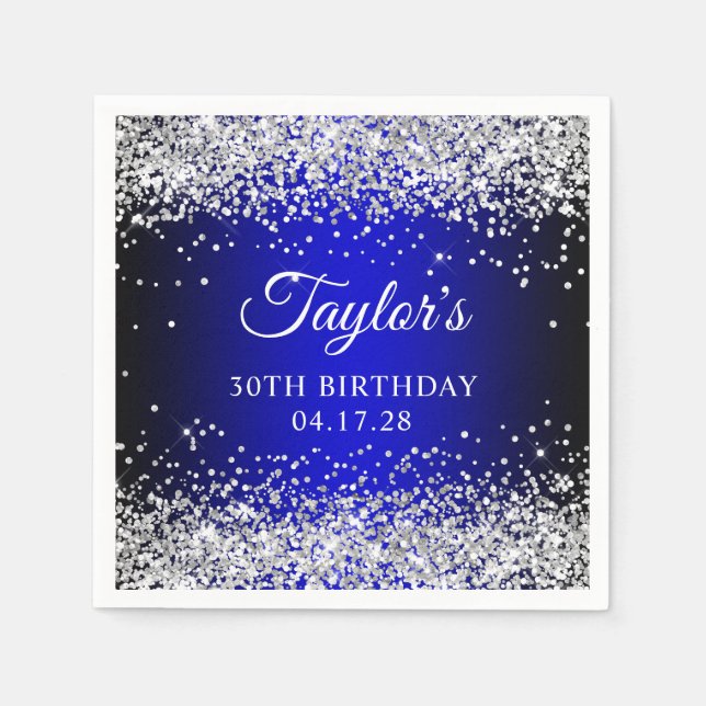 Silver Glitter Black Blue Ombre 30th Birthday Napkin (Front)