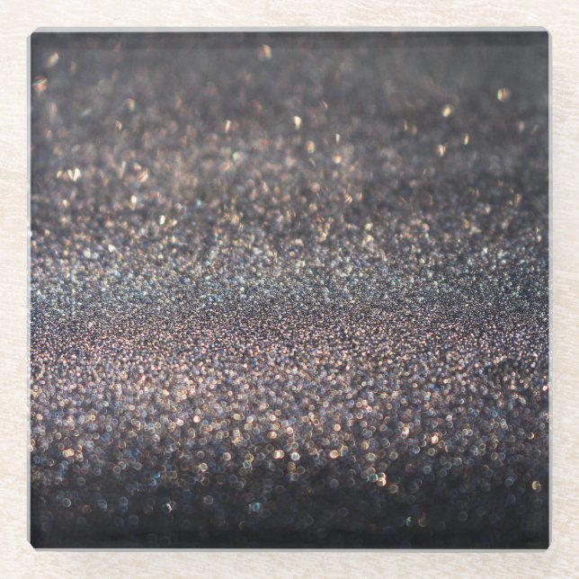 Silver Glitter: Black Bokeh Christmas Glass Coaster (Front)
