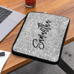 Silver Glitter Black Brush Script Laptop Sleeve<br><div class="desc">Create your own fax luxury silver grey glitter with name or monogram.
Customize the black colour brush script font calligraphy style and size.
Move,  duplicate or delete the faux sparkle graphic.</div>