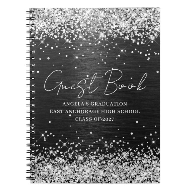 Silver Glitter Black Brushed Metal Graduate Guest Notebook (Front)