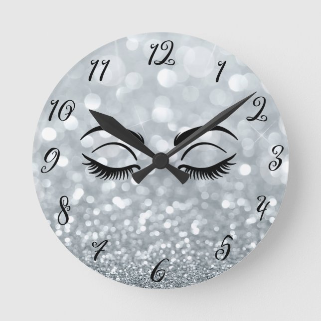 Silver Glitter Black Eyelashes Salon Personalized Round Clock (Front)