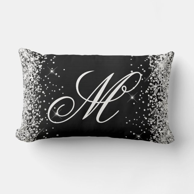 Silver Glitter Black Foil Fancy Monogrammed Lumbar Pillow (Front)