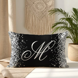 Silver Glitter Black Foil Fancy Monogrammed Lumbar Pillow