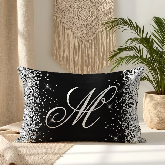 Silver Glitter Black Foil Fancy Monogrammed Lumbar Pillow (Silver Glitter Black Foil Fancy Monogrammed Lumbar Pillow)