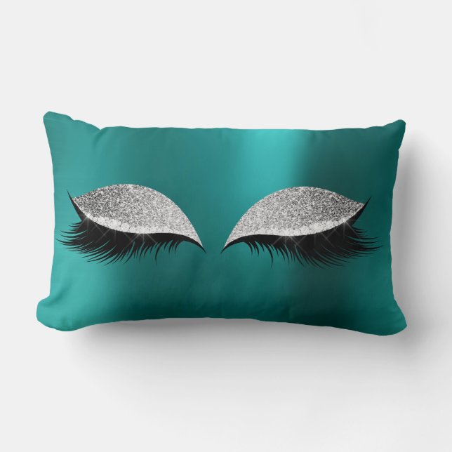 Silver Glitter Black Glam Makeup Cat Teal Green Lumbar Pillow (Front)