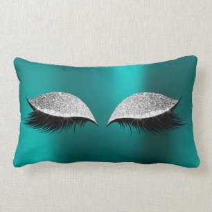 Silver Glitter Black Glam Makeup Cat Teal Green Lumbar Pillow