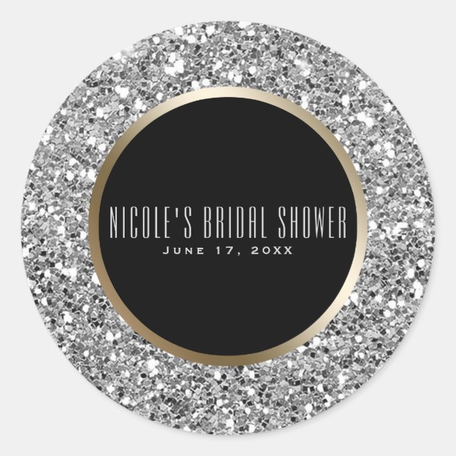 Silver Glitter & Black Gold Elegant Wedding Favour Classic Round Sticker (Front)