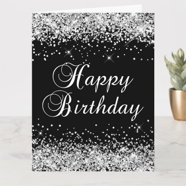 Silver Glitter Black Happy Birthday Big Card (Small Plant)