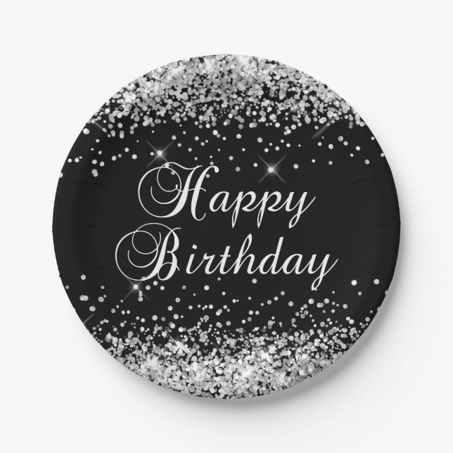 Silver Glitter Black Happy Birthday Paper Plate (Front)