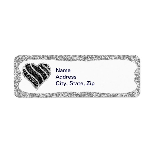 Silver Glitter Black Heart Address Labels (Front)