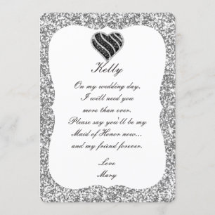 Silver Glitter Black Heart Maid Of Honour Card