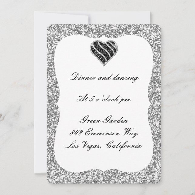 Silver Glitter Black Heart Reception Card (Front)