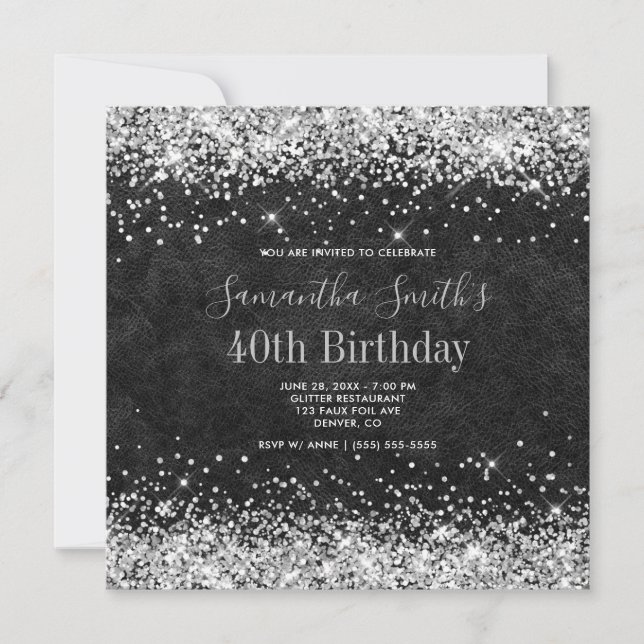 Silver Glitter Black Leather 40th Birthday Invitation (Front)
